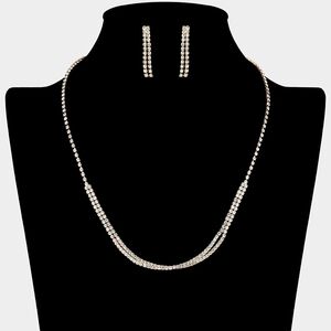 Gold Rhinestone Crystal Dual Strand Multi Layered Necklace Set